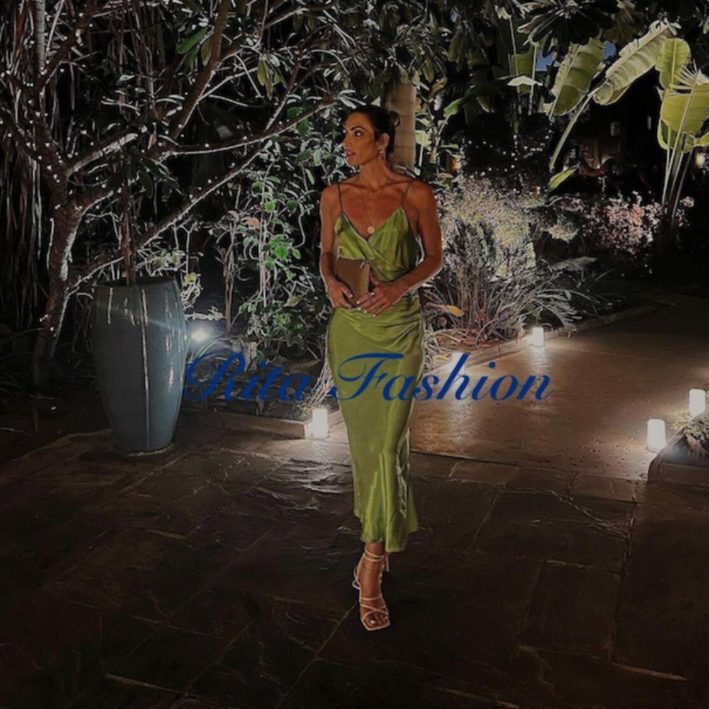 Zara Greenish Satin Effect Slip Midi Dress Sz M NWT - Picture 9 of 14